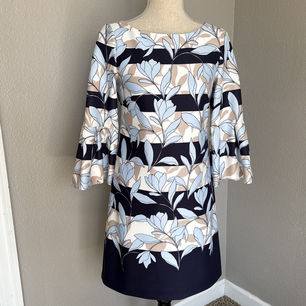 Vince Camuto Floral Stripe Bell Sleeve Shift Dress Size 4